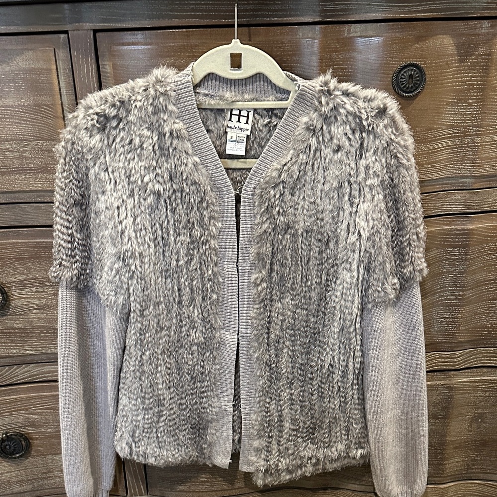 Haute Hippie Soft Gray Rabbit Fur sweater Knit Arms Sz S